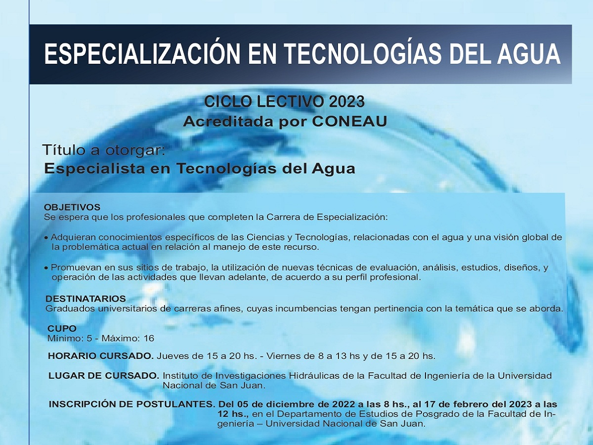 Inscripciones abiertas: Especialización en Tecnologías del Agua