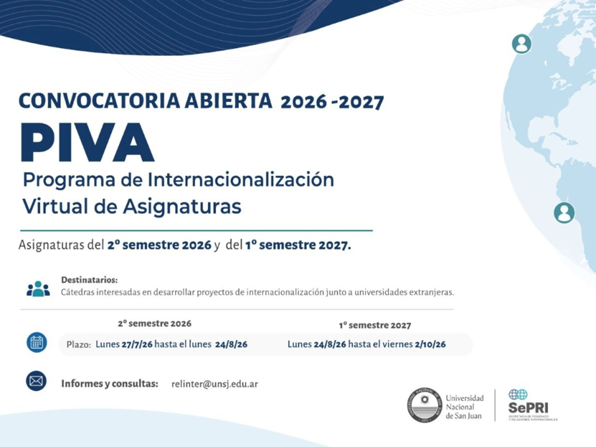La UNSJ abre convocatoria al Programa de Internacionalización Virtual de Asignaturas (PIVA)